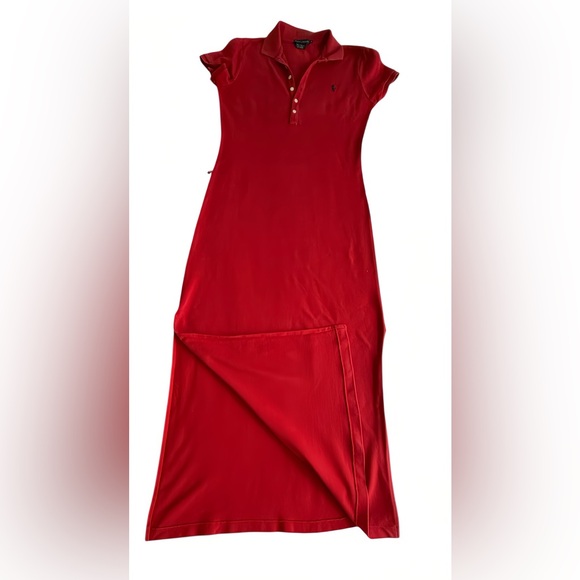 Polo Ralph Lauren Red Maxi Dress Women’s M Cotton Mesh Stretch Logo Shirt Dress - Picture 9 of 10